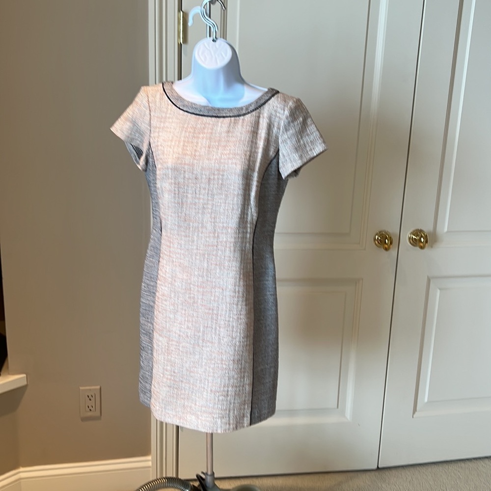 Ann Taylor Lined Dress Size 0 Short Sleeve Peach Beige and Navy Blue